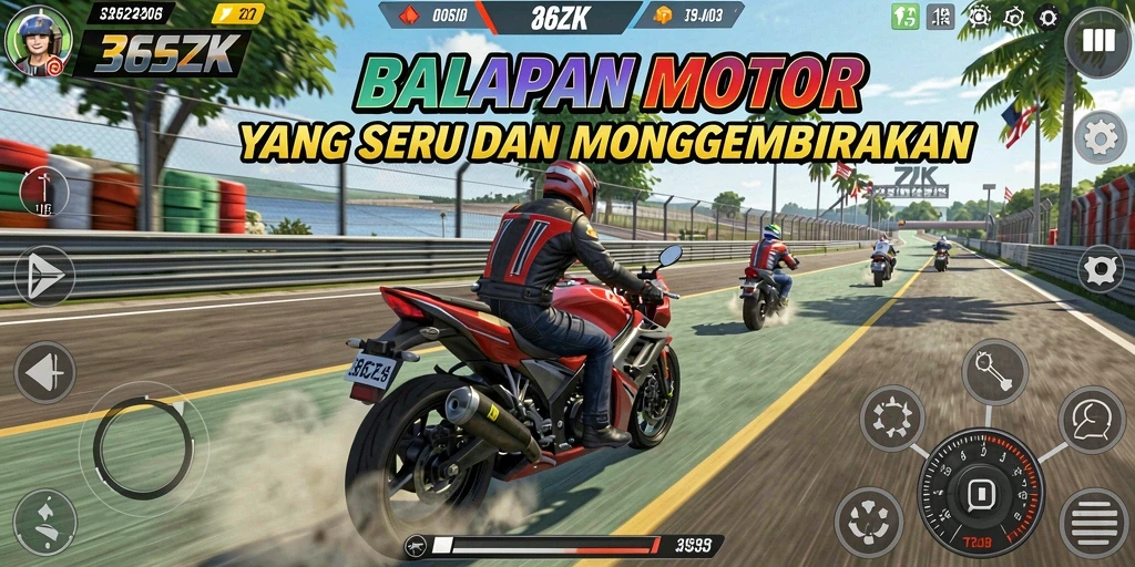 Screenshot permainan <strong>365ZK</strong> yang menunjukkan balapan motor yang seru.