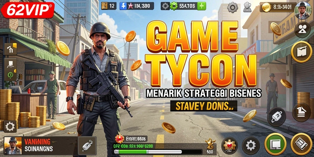 Tampilan gameplay 62VIP yang menarik dan seru dalam membangun bisnis.
