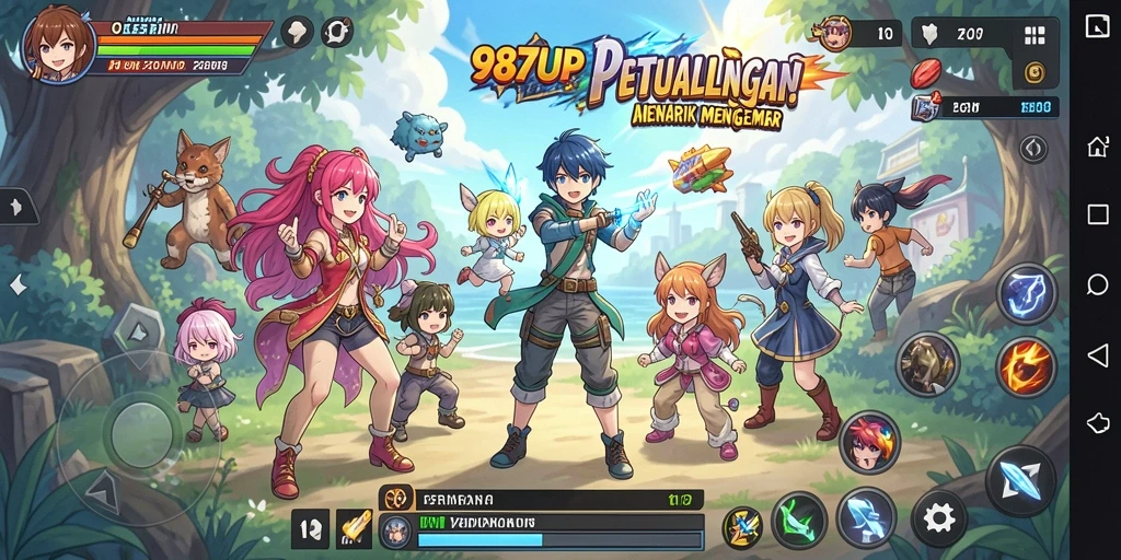 Screenshot gameplay 987UP dengan karakter anime memukau.