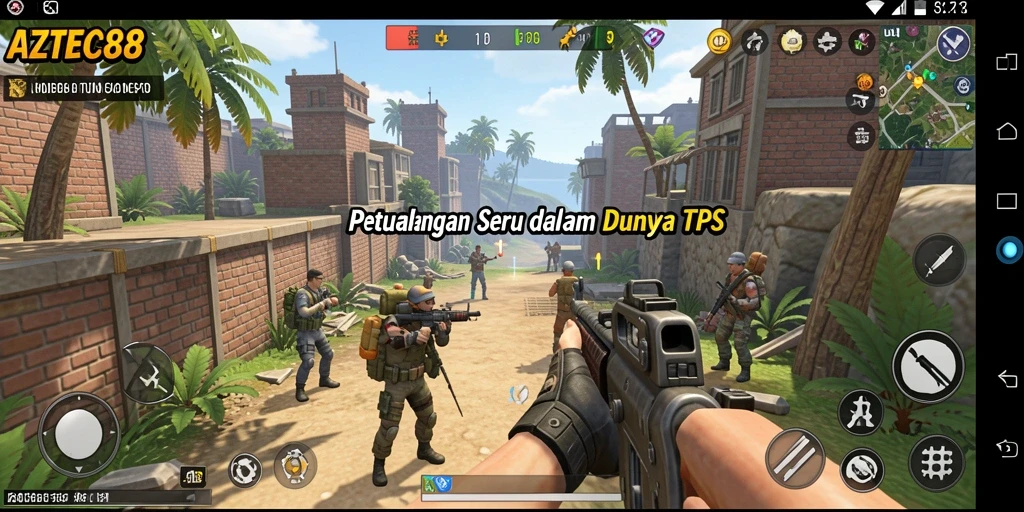 Tangkapan layar gameplay AZTEC88 menunjukkan aksi seru dalam pertempuran TPS.
