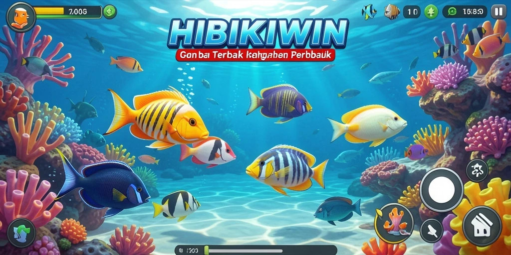 Tampilan gameplay HIBIKIWIN dengan ikan beragam dan grafis menarik.