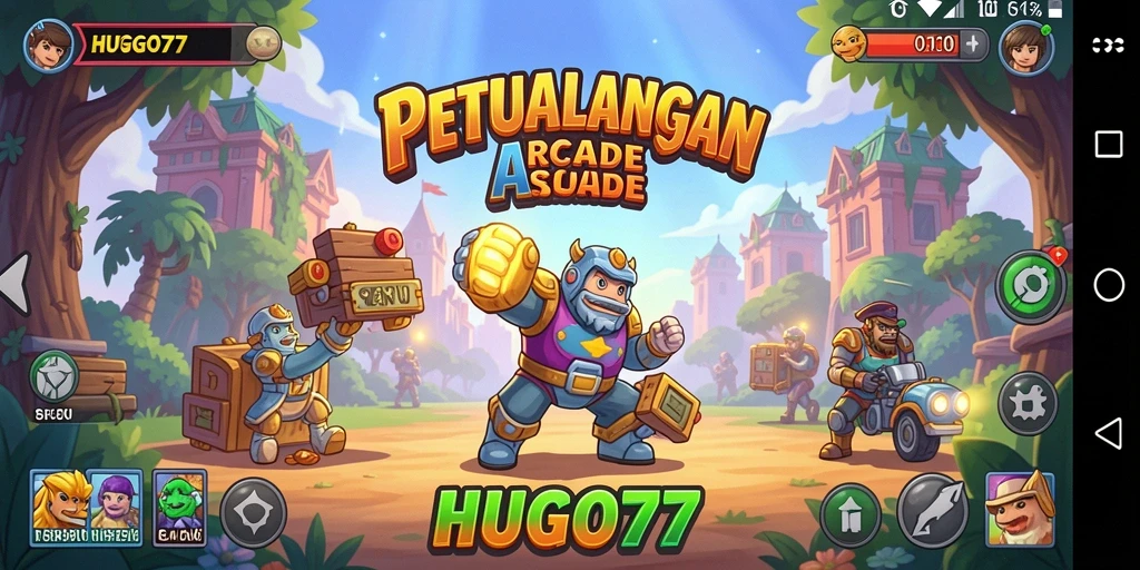 Tampilan gameplay seru dalam HUGO77 yang penuh warna.