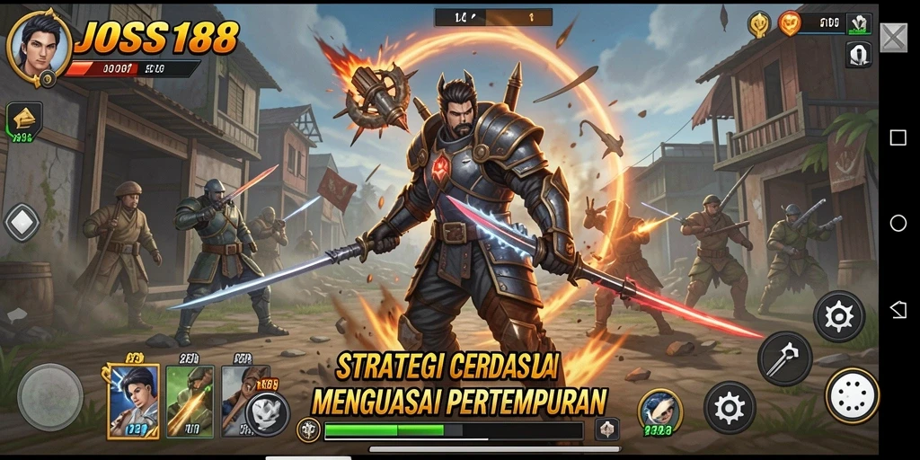 Tangkapan layar utama JOSS188 menunjukkan aksi pertempuran strategis yang intens.