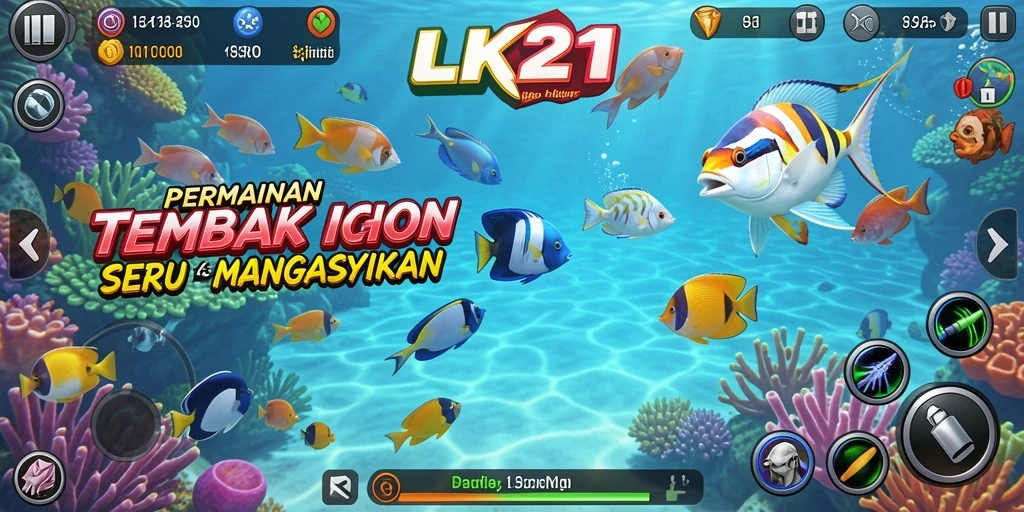 Tampilan gameplay LK21 yang penuh warna dan menarik saat menembak ikan.