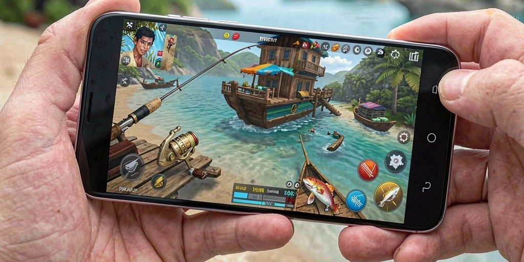 Tampilan gameplay PAKARJP yang menampilkan pemandangan memancing yang indah.