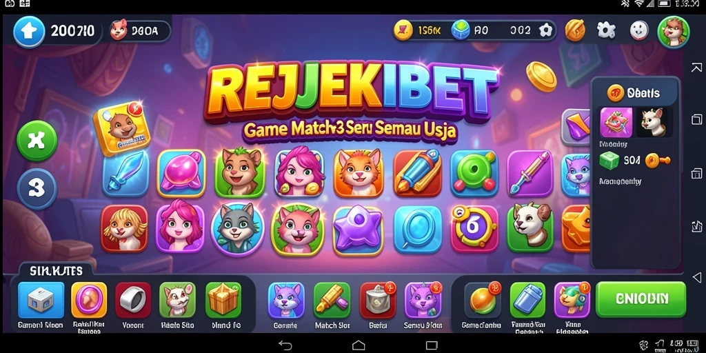 Tampilan seru gameplay Match-3 di REJEKIBET dengan berbagai permata berwarna.