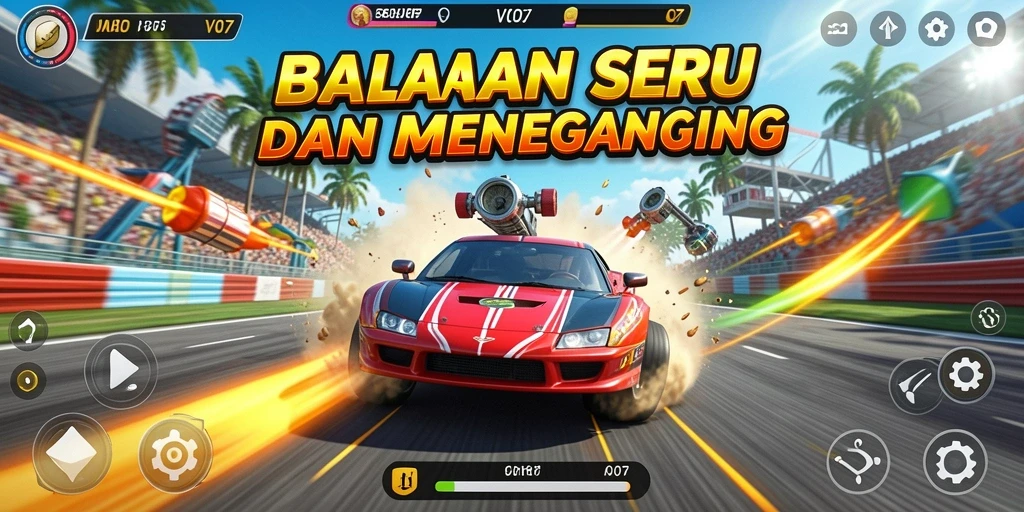 Tampilan gameplay menegangkan dari V07 saat balapan di lintasan.
